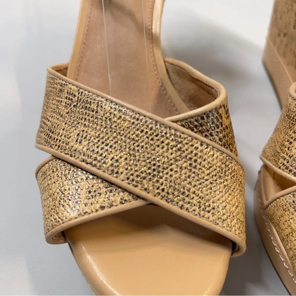 NURTURE Women’s Size 9 Cream Gold Strap Wedge Sandal Cork 4” Heel